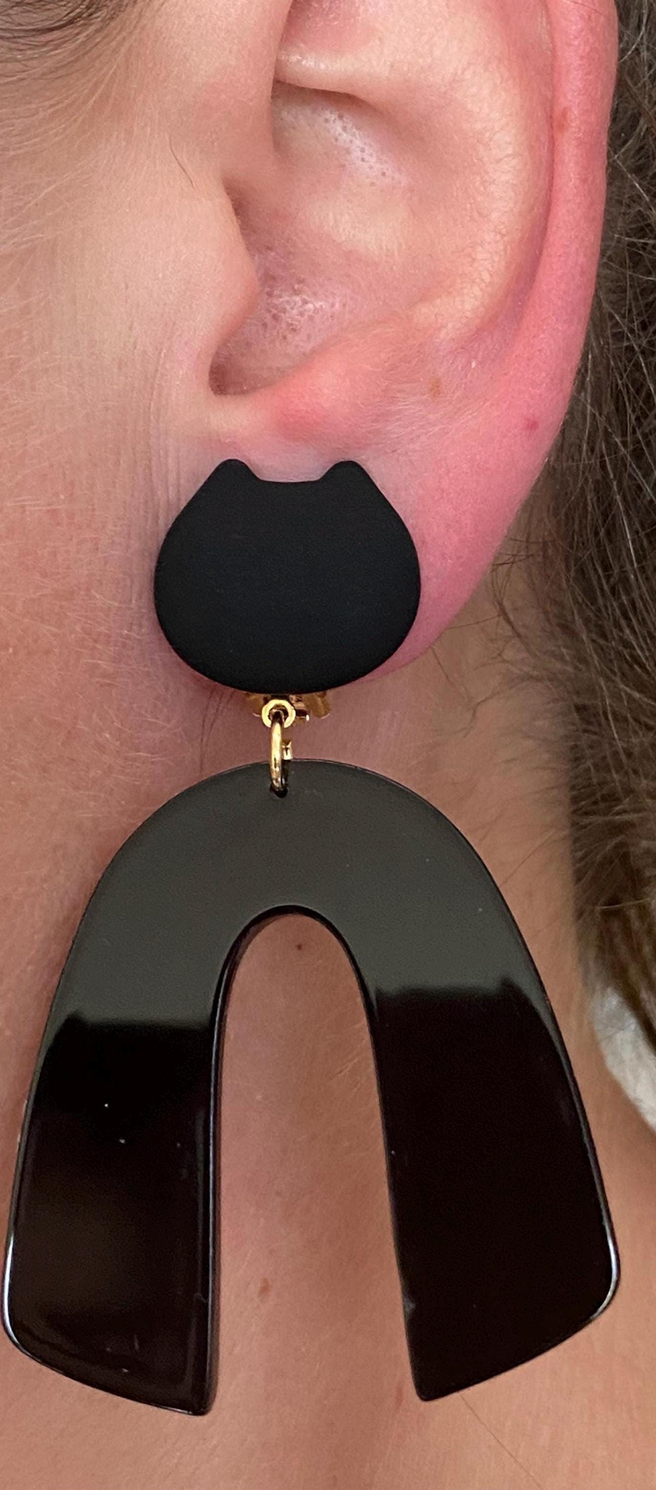 Catty clip ons! Large clip on acrylic arch or hoop earrings with cat-shaped closures