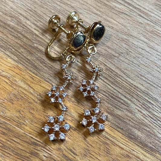 Dangling screw on rhinestone snowflake clip on earrings,  dangle winter earrings for unpierced ears