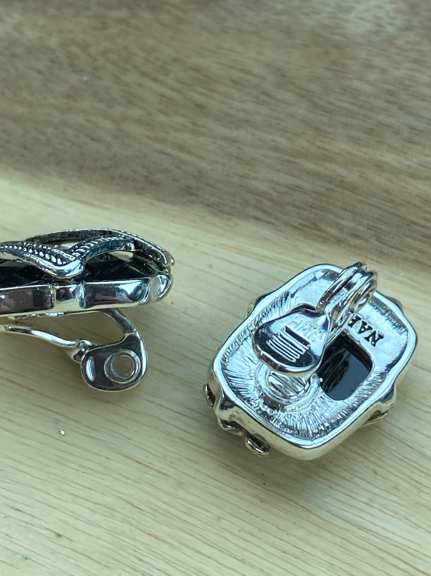 Vintage Napier silver and black clip on button earrings with