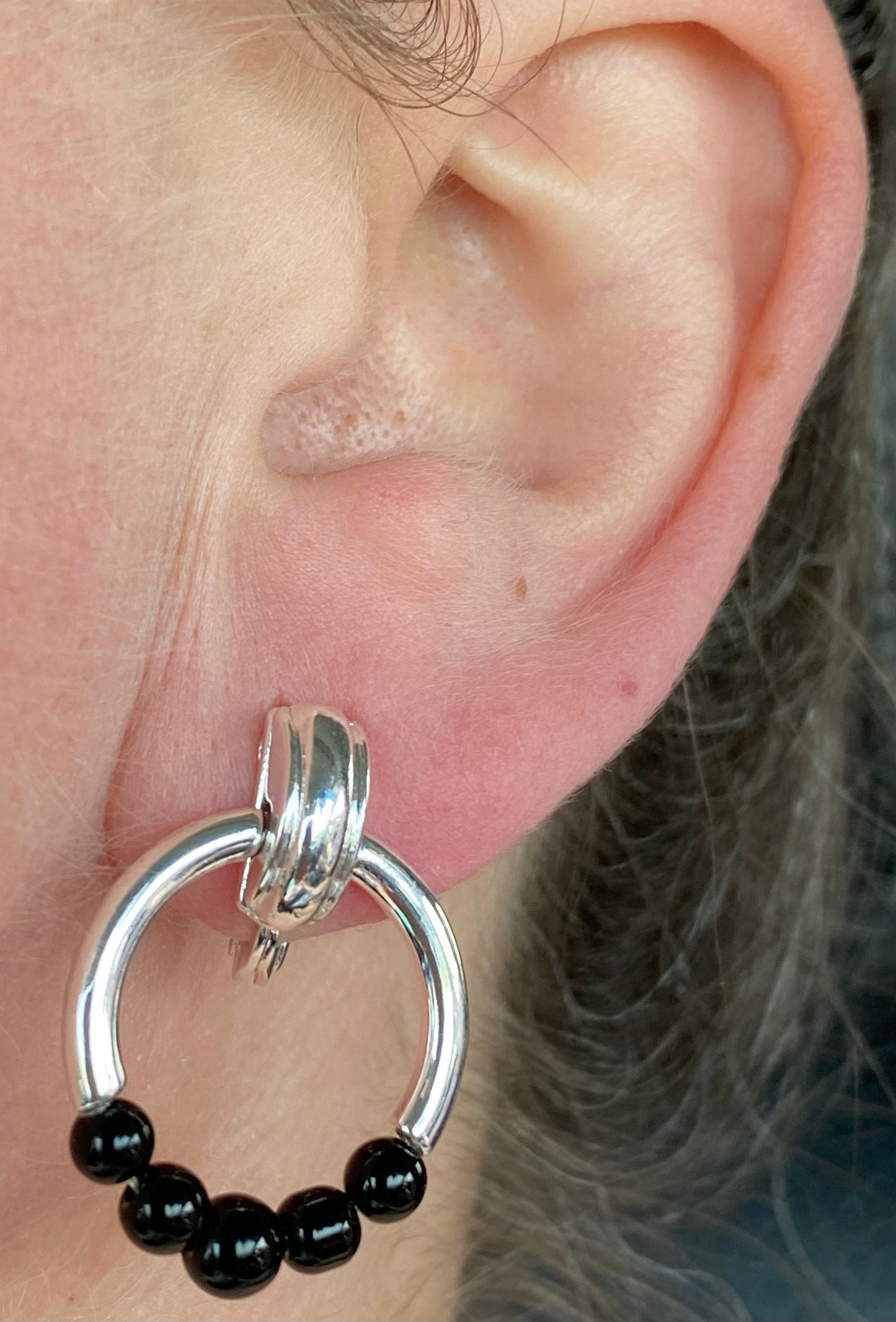 Vintage TJG clip on silver and black doorknocker earrings