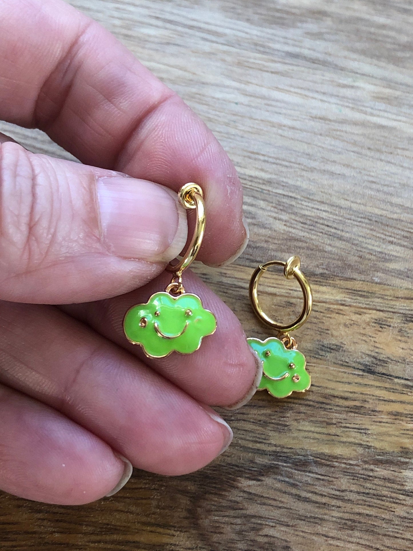 Dangling happy little cloud spring hoop clip on earrings