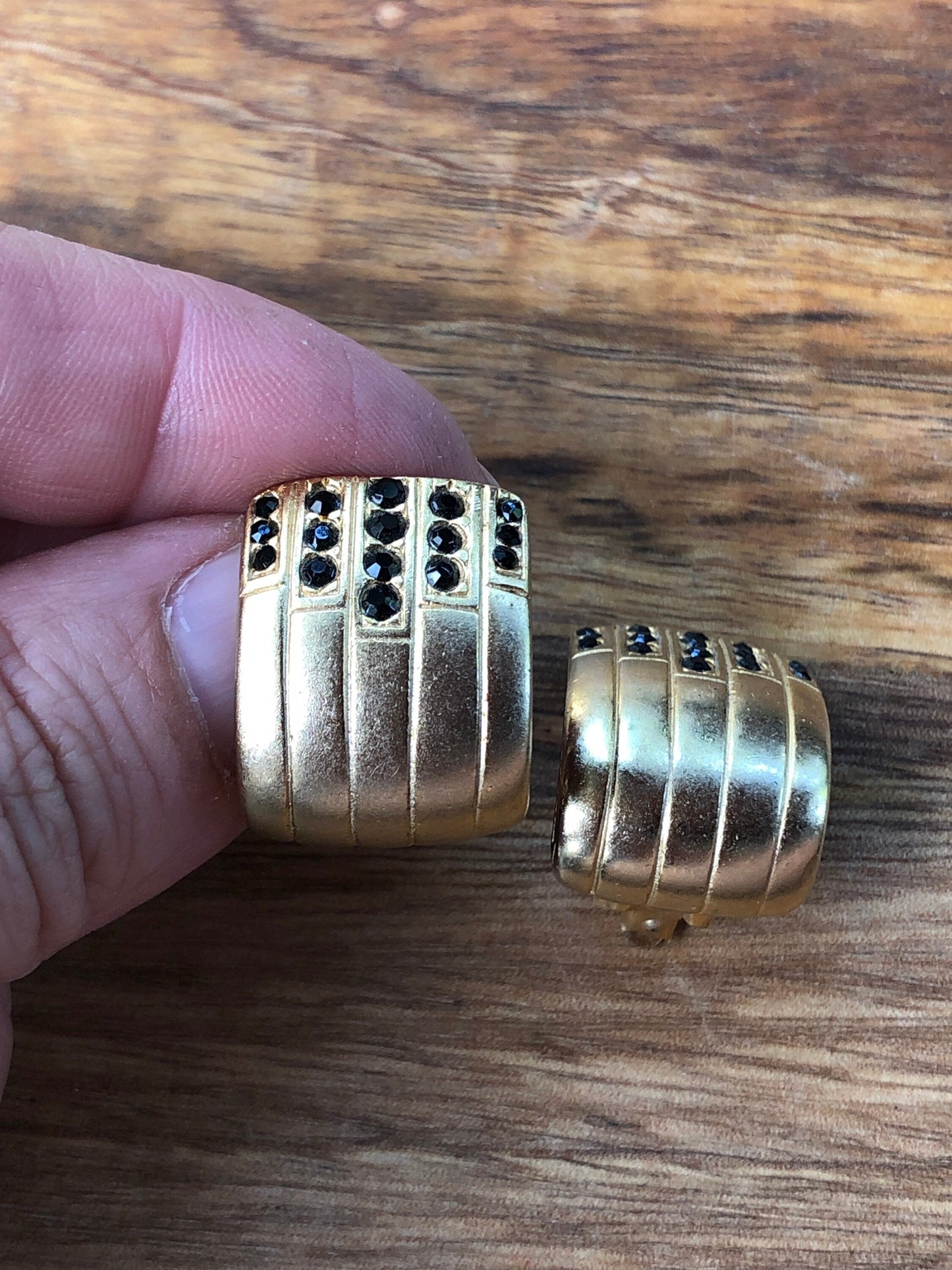 Vintage gold and black rhinestone half-hoop  clip on earrings