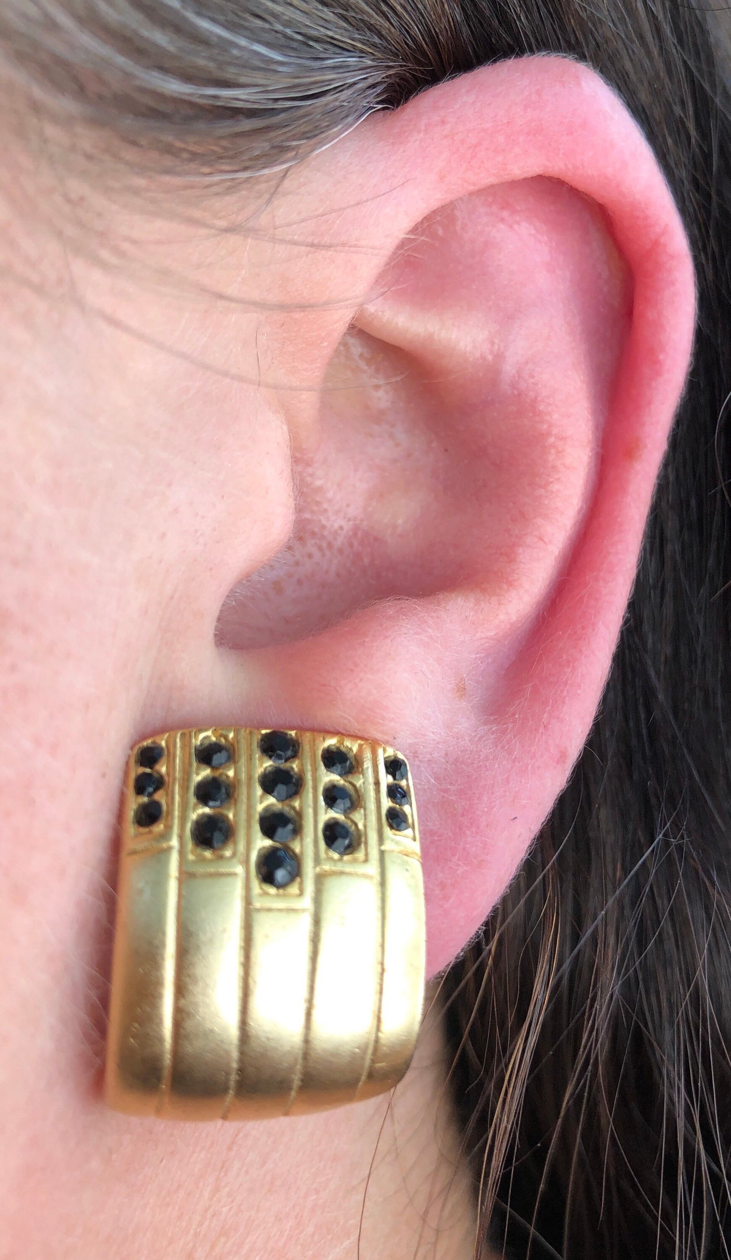 Vintage gold and black rhinestone half-hoop  clip on earrings