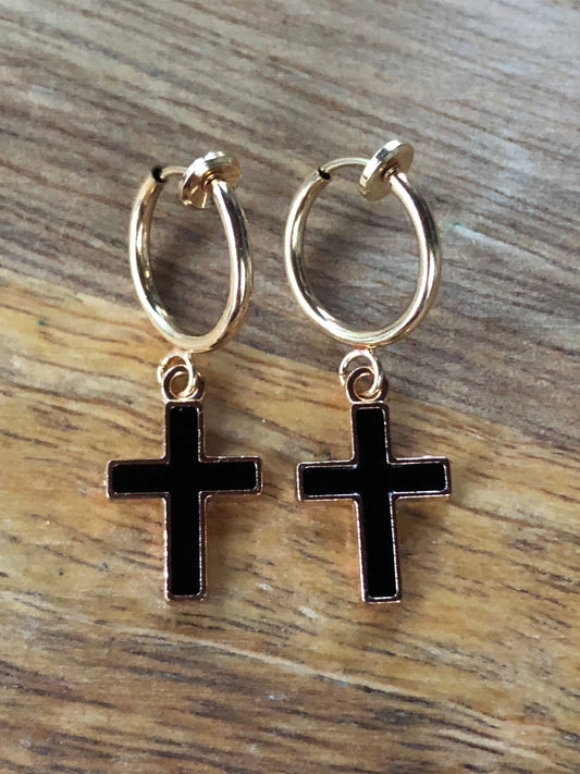 Tiny black enamel cross dangling spring hoop clip on earrings (no pierce | huggie), small earrings for unpierced ears