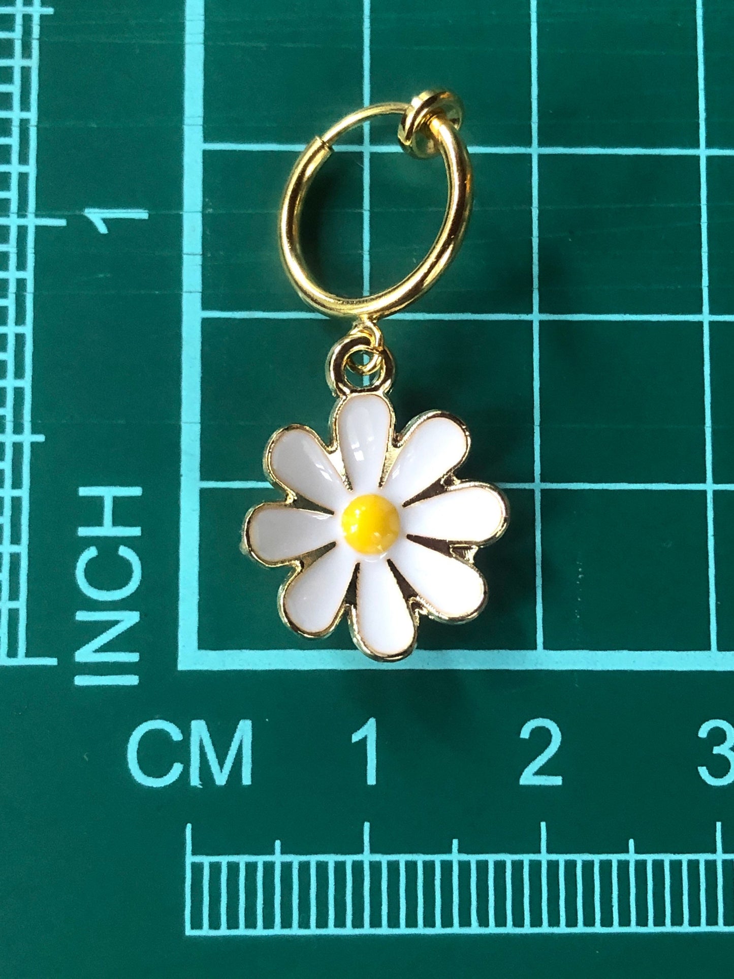 Tiny enamel daisy flower spring hoop clip on earrings