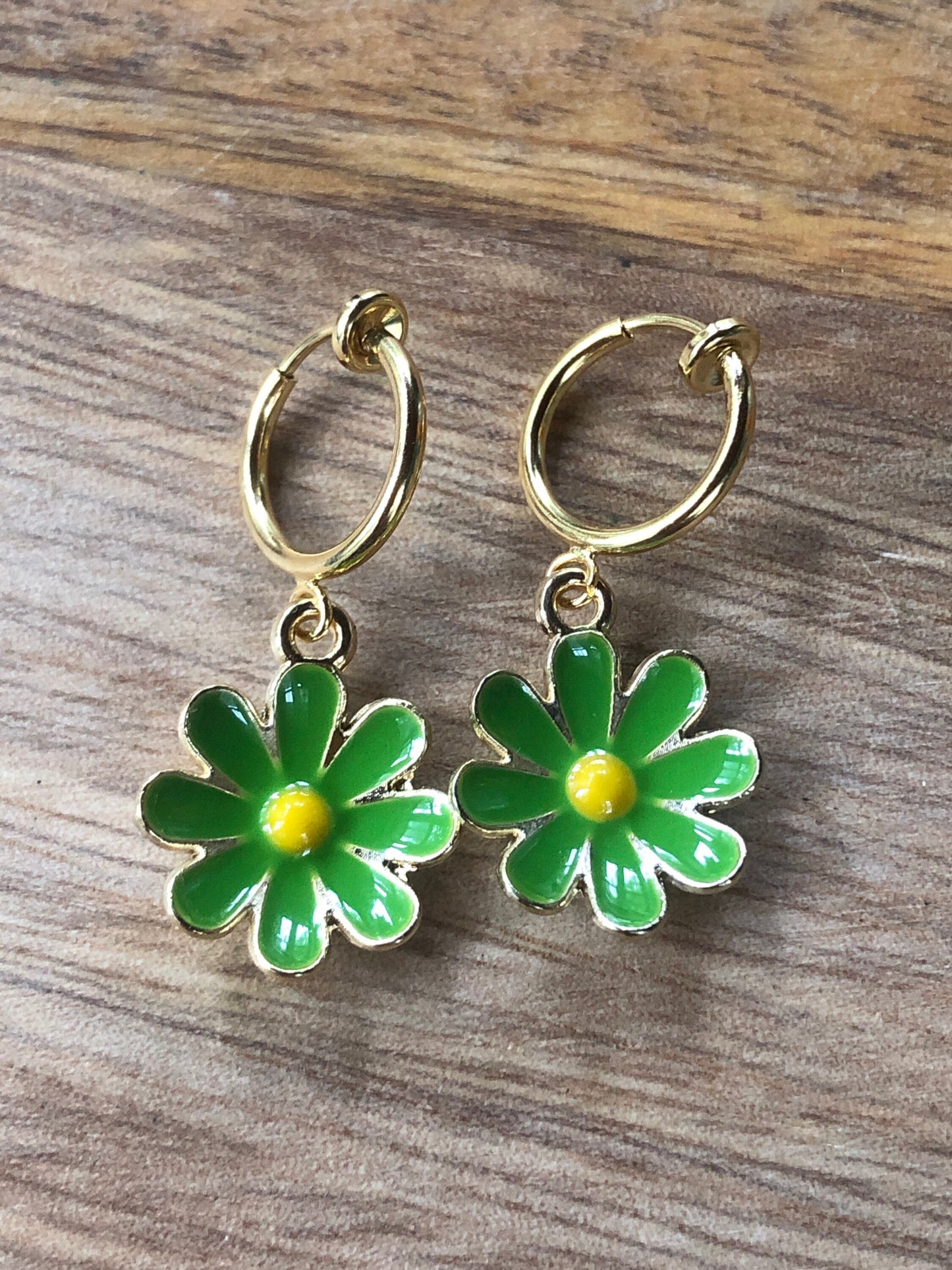 Tiny enamel daisy flower spring hoop clip on earrings