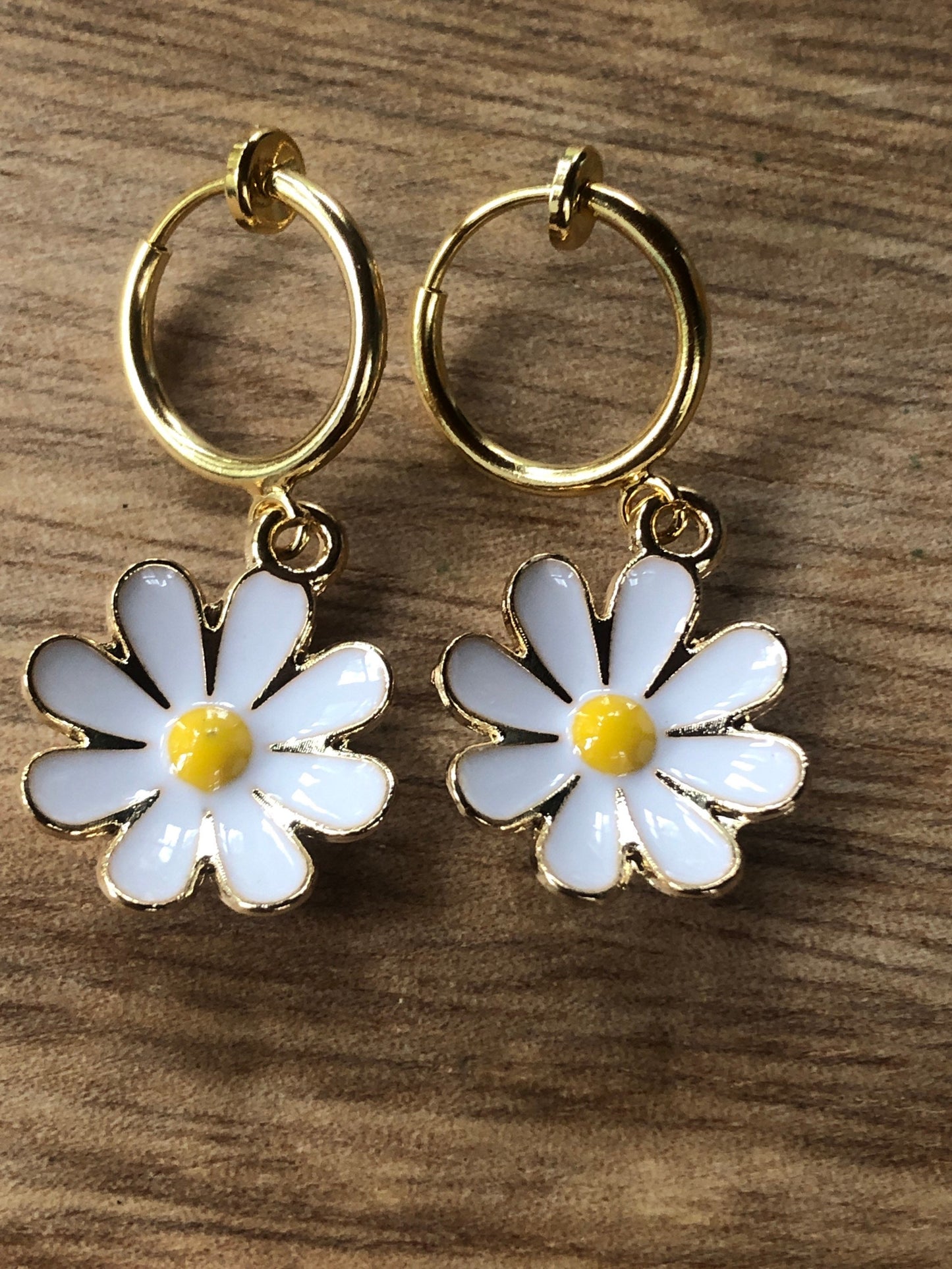 Tiny enamel daisy flower spring hoop clip on earrings