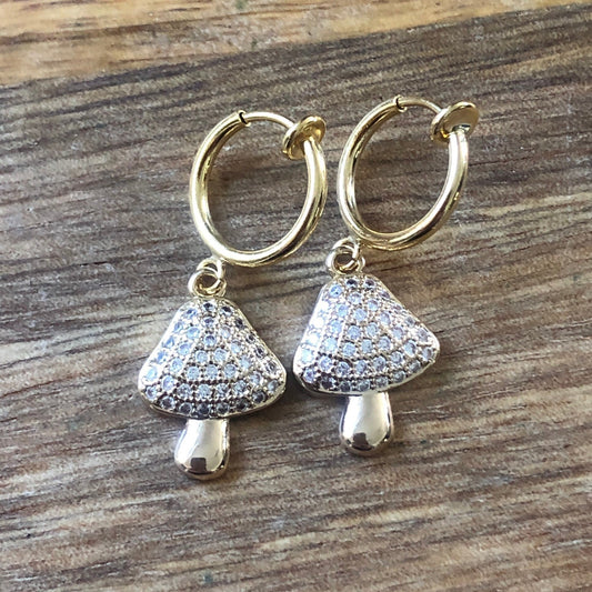 Sparkling mushroom pendant clip on earrings with rhinestone pavers (retractable spring hoop), small earrings for unpierced ears