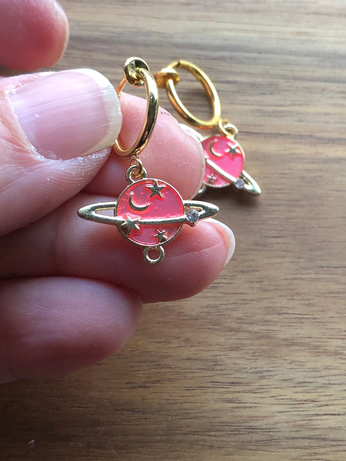 Dangling enamel planet huggie clip on spring hoop earrings