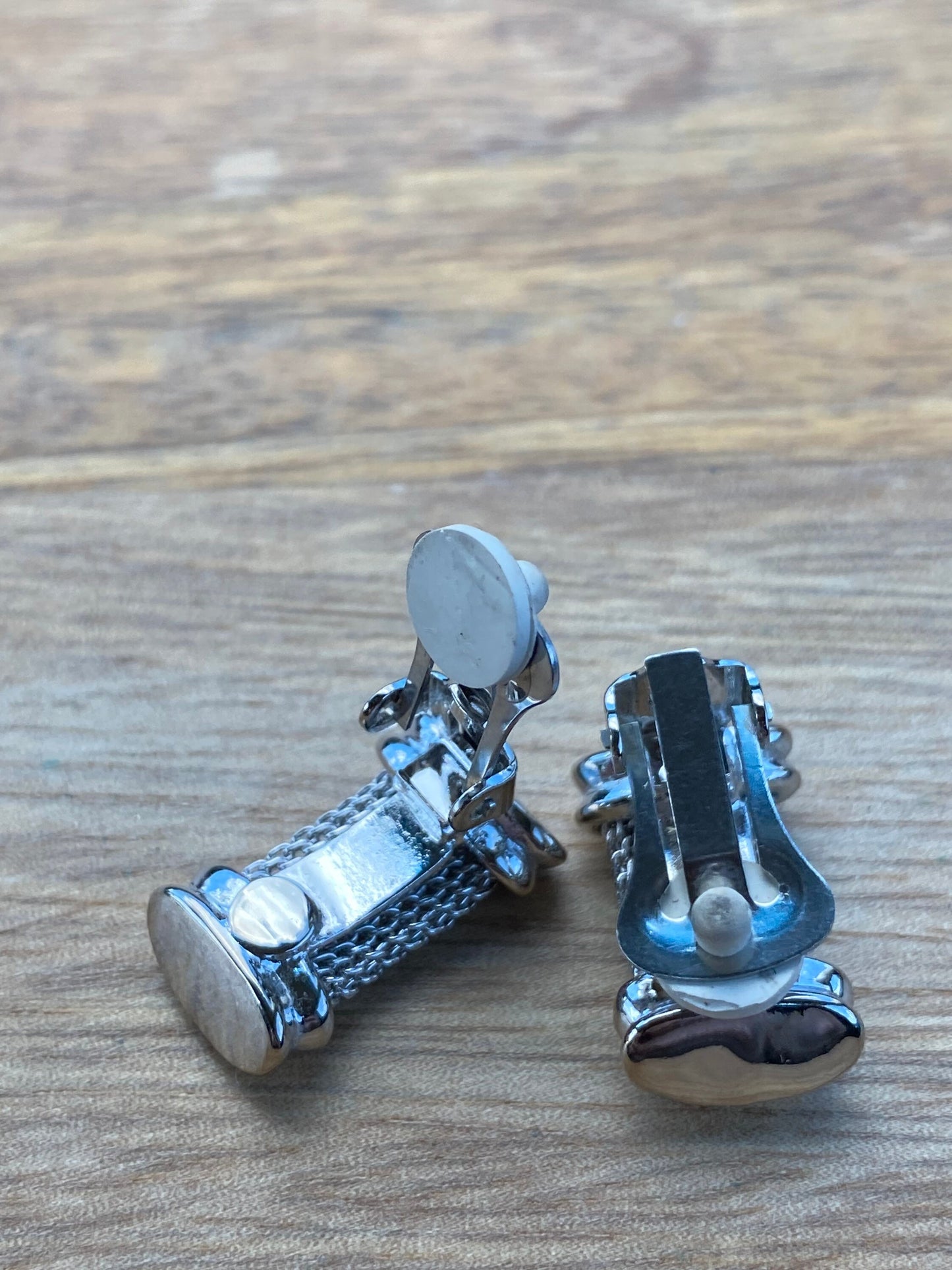 Vintage clip on silver rectangle button earrings