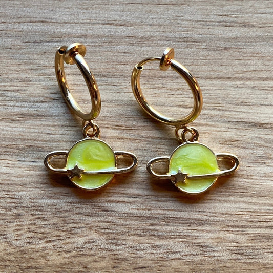 Dangling enamel planet huggie clip on spring hoop earrings, small earrings for unpierced ears