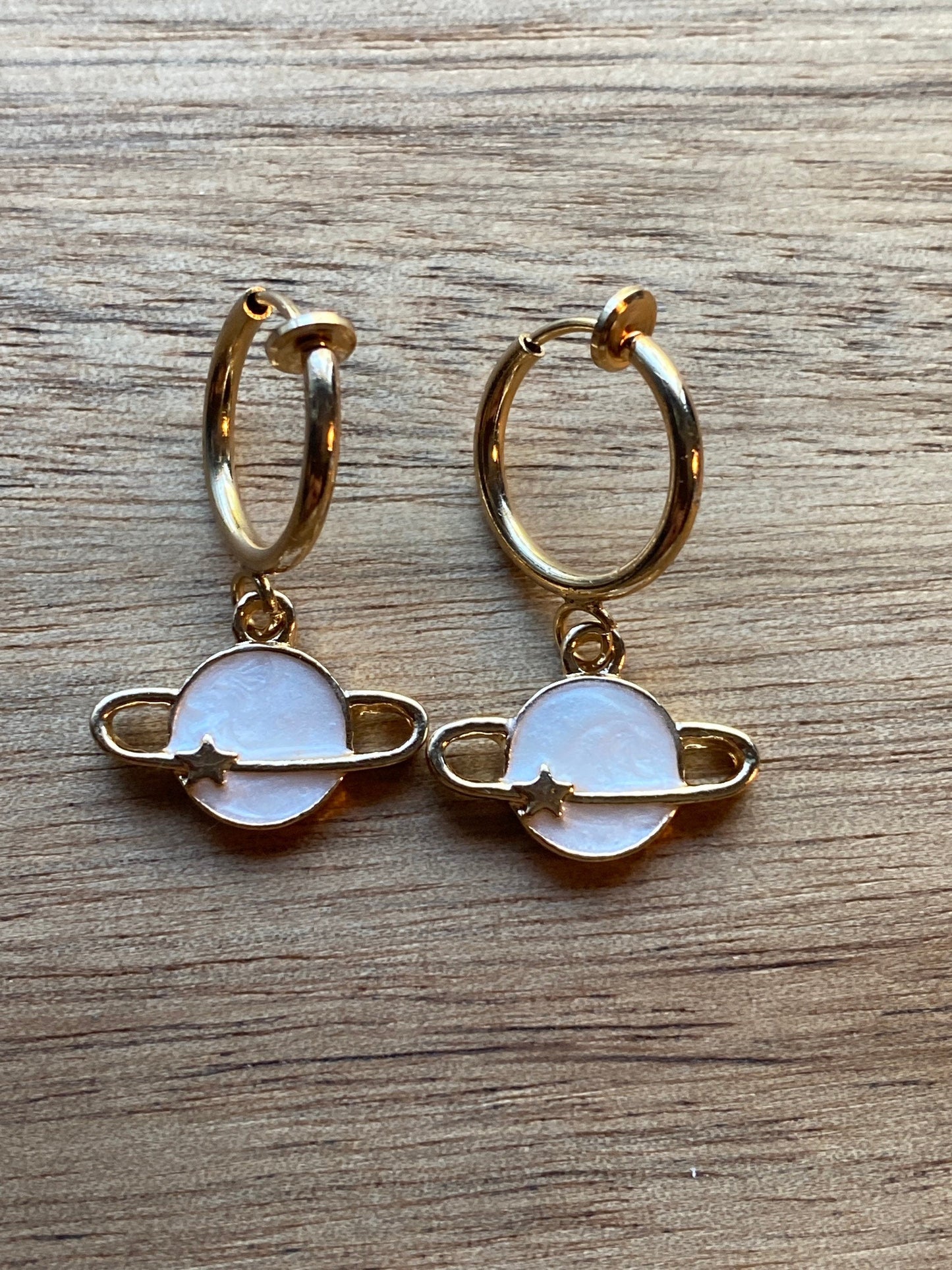 Dangling enamel planet huggie clip on spring hoop earrings, small earrings for unpierced ears