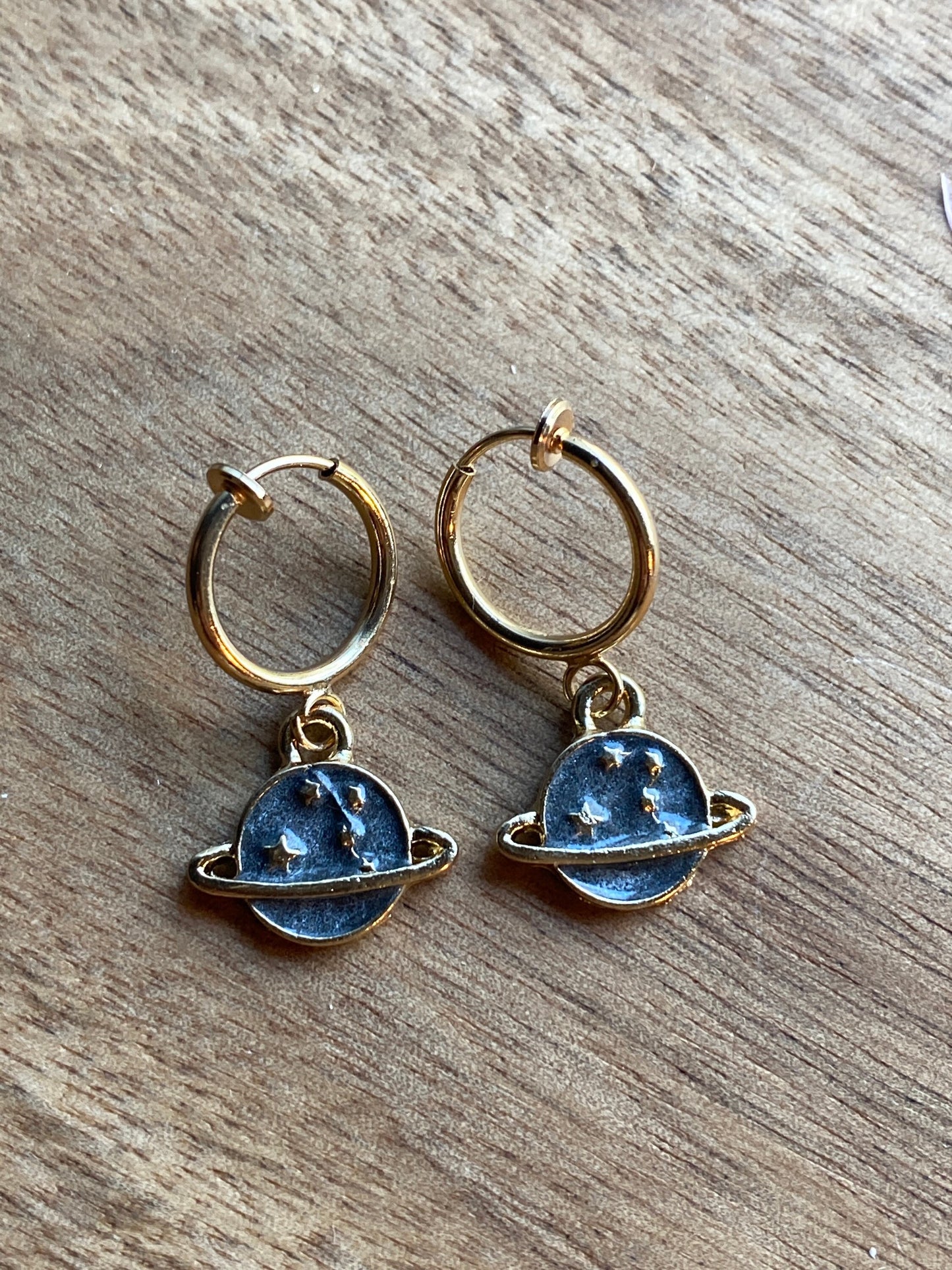 Dangling enamel planet huggie clip on spring hoop earrings