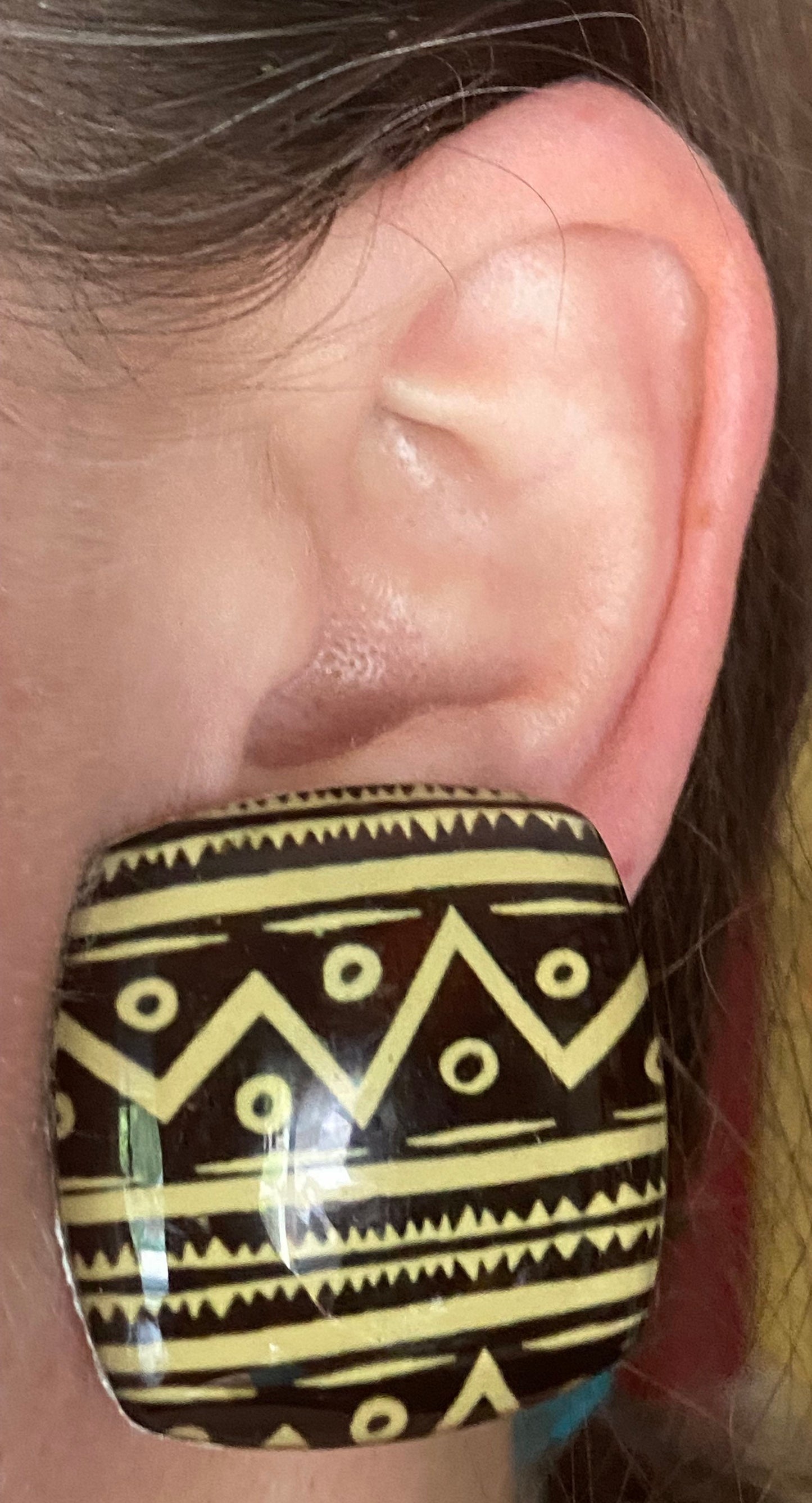 Vintage chunky tribal clip on square button earrings