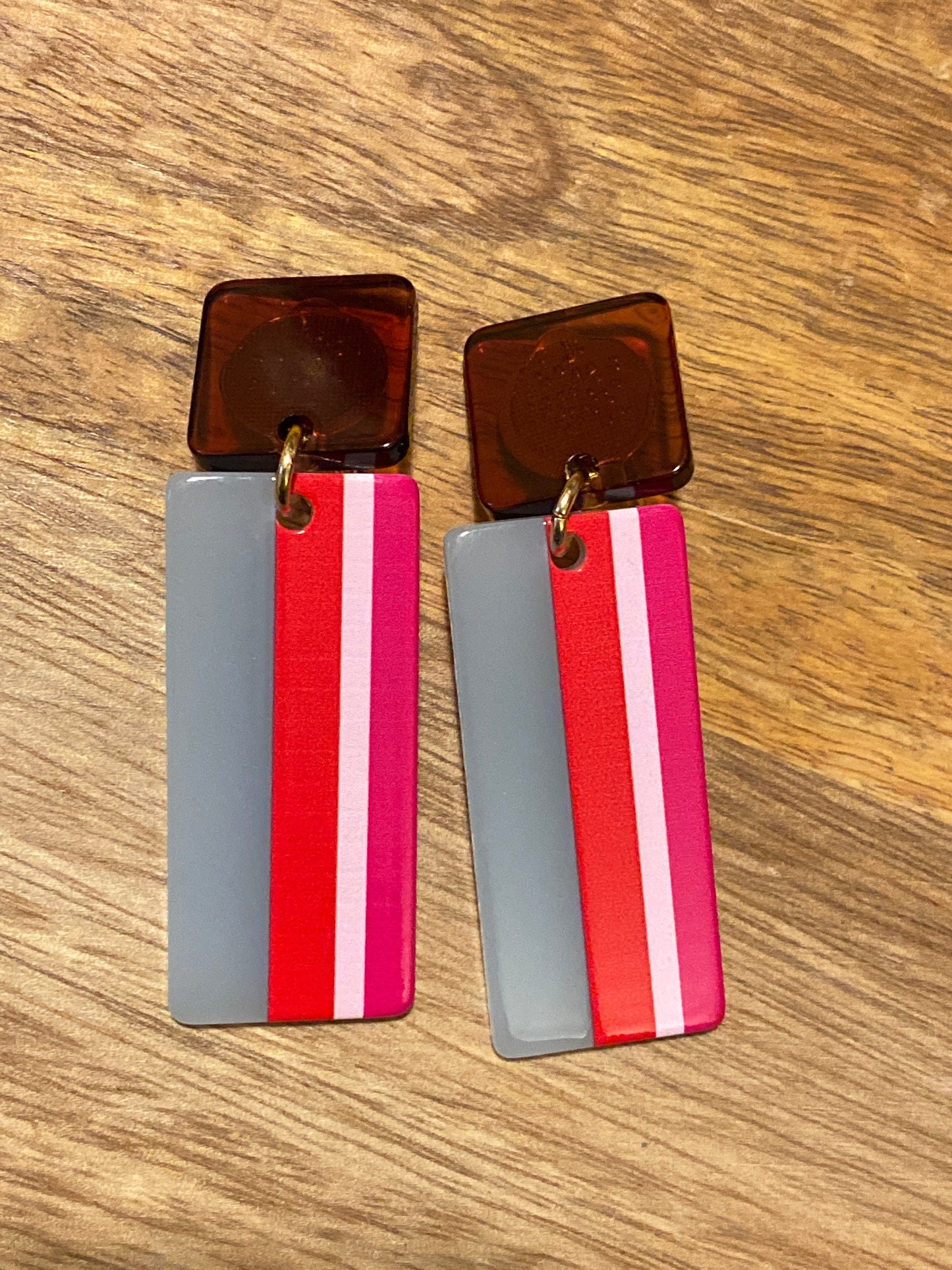 Trendy dangling plastic rectangular plaid clip on earrings