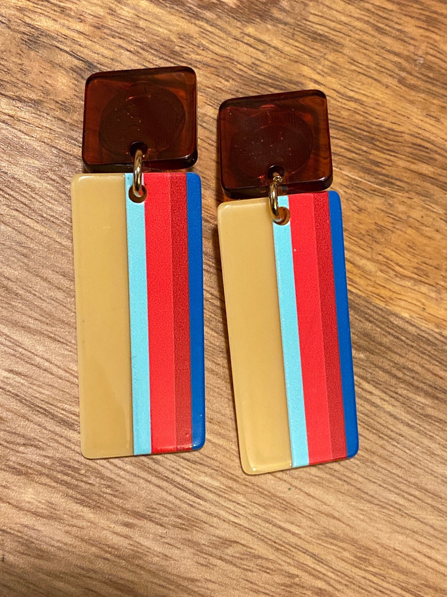 Trendy dangling plastic rectangular plaid clip on earrings