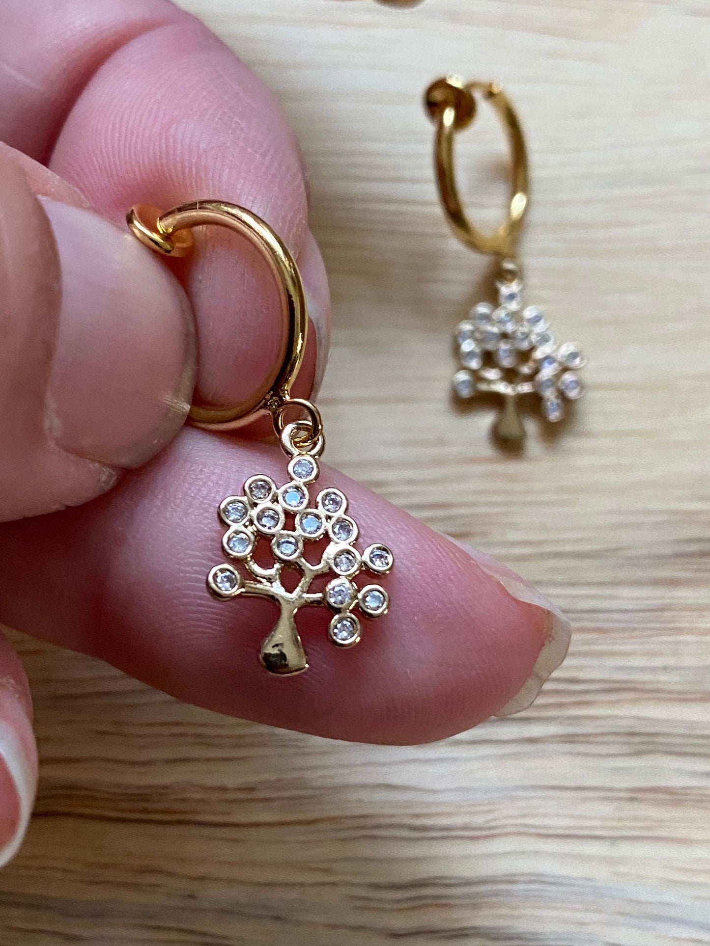 Sparkling tree pendant clip on earrings with rhinestone accents (spring hoop) | tiny tree rhinestone earrings, small earrings for unpierced ears