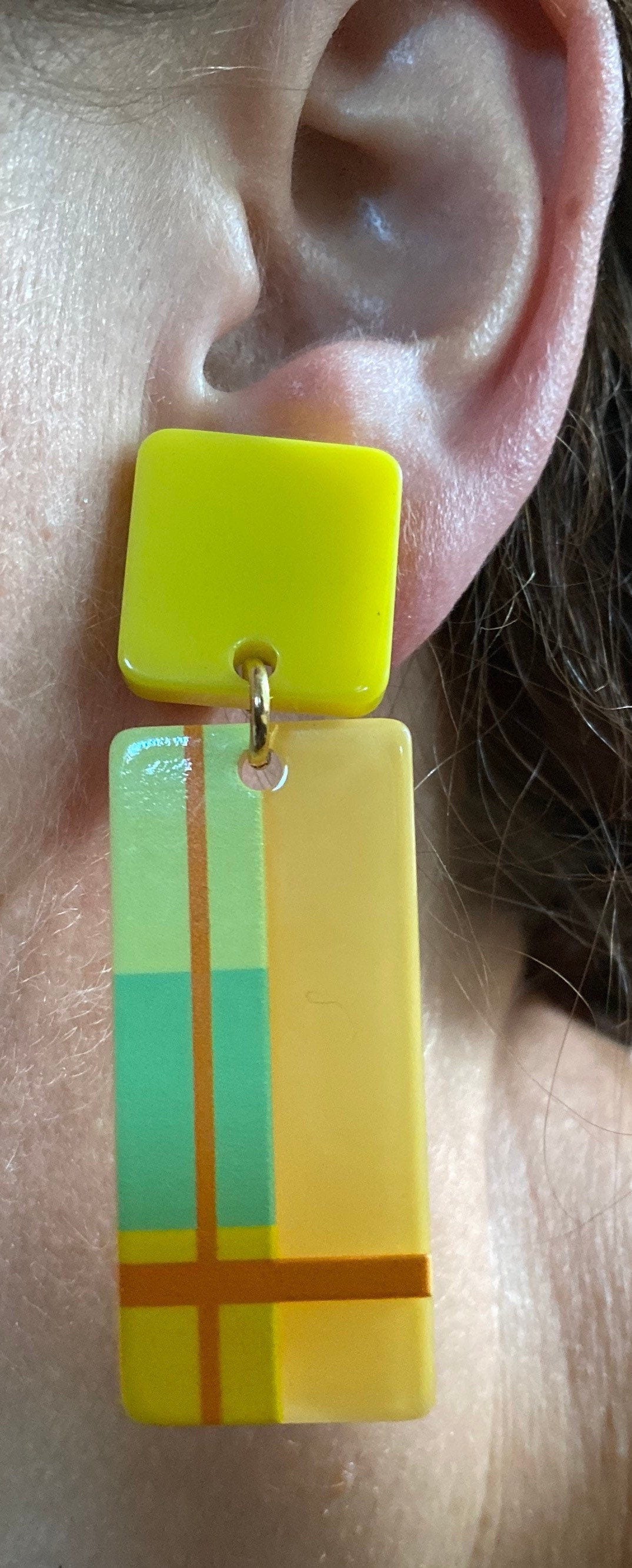Trendy dangling plastic rectangular plaid clip on earrings