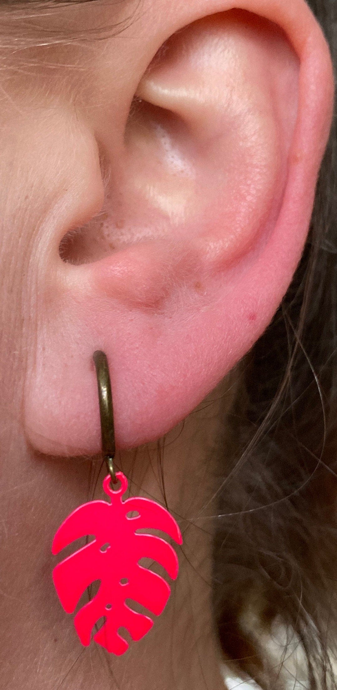 Tiny enamel monstera leaves on bronze spring hoop clip on earrings (no piercing)