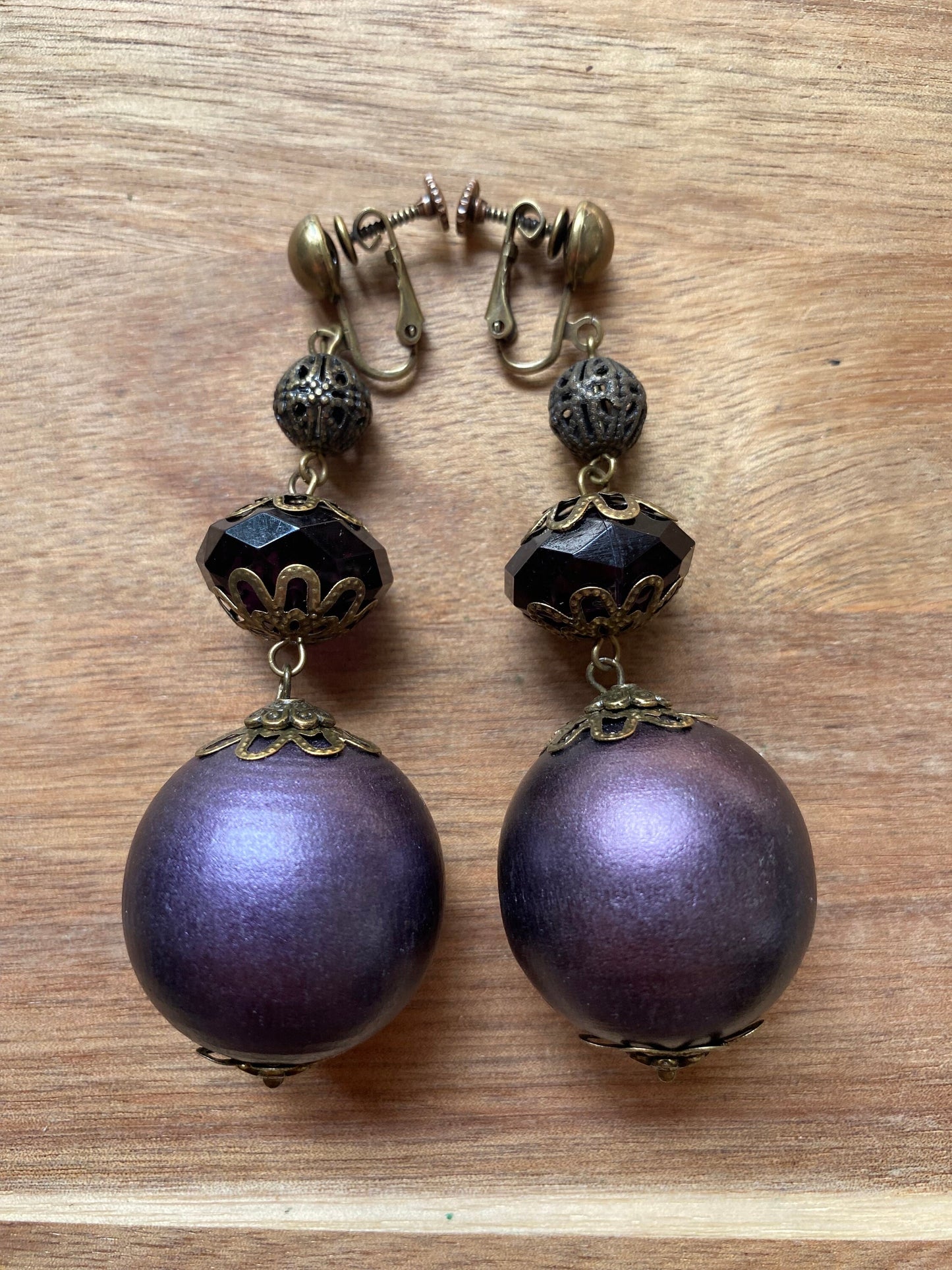 Dangling purple queen sized boho clip on earrings, dangling screwback earrings