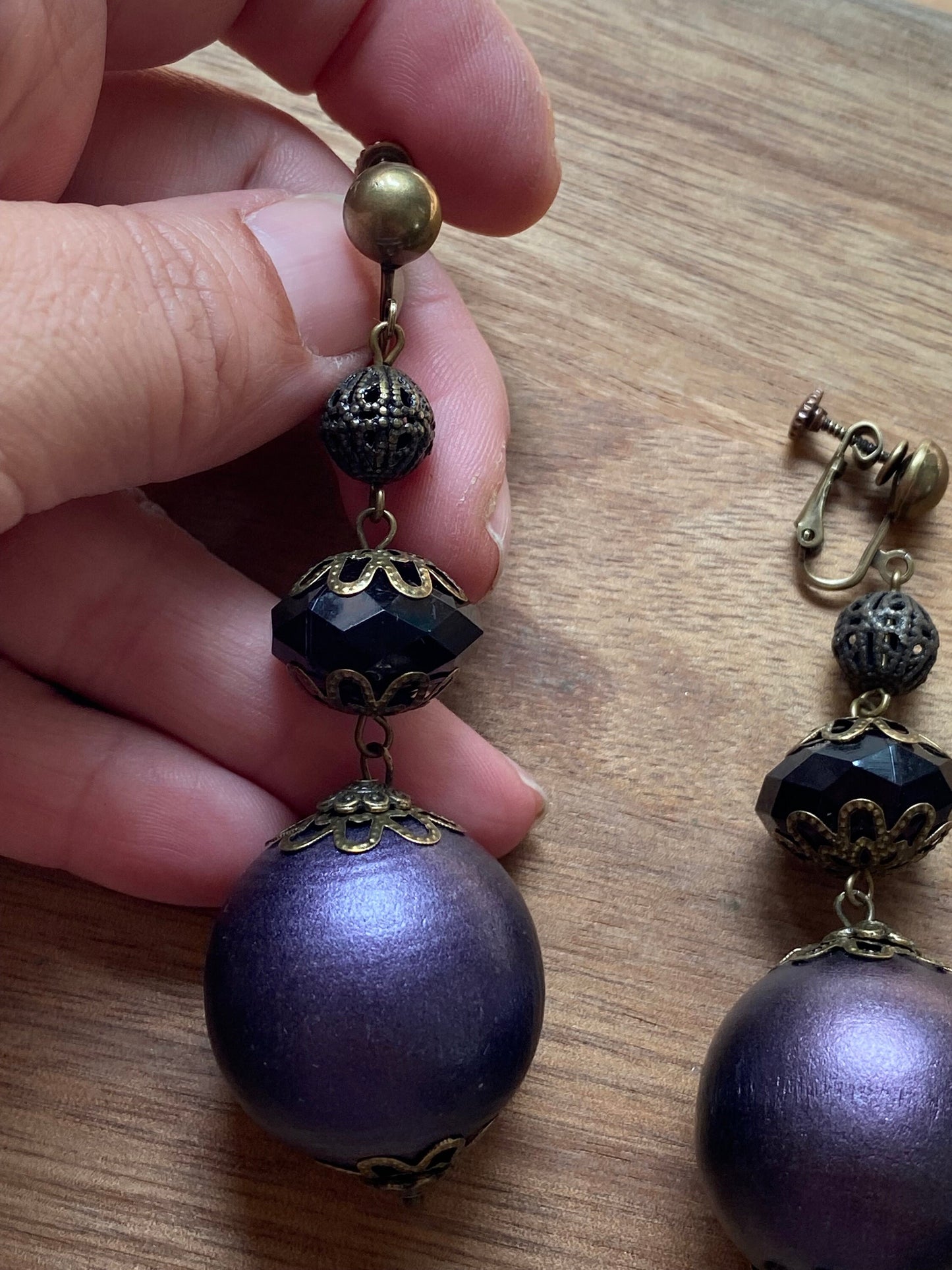 Dangling purple queen sized boho clip on earrings, dangling screwback earrings