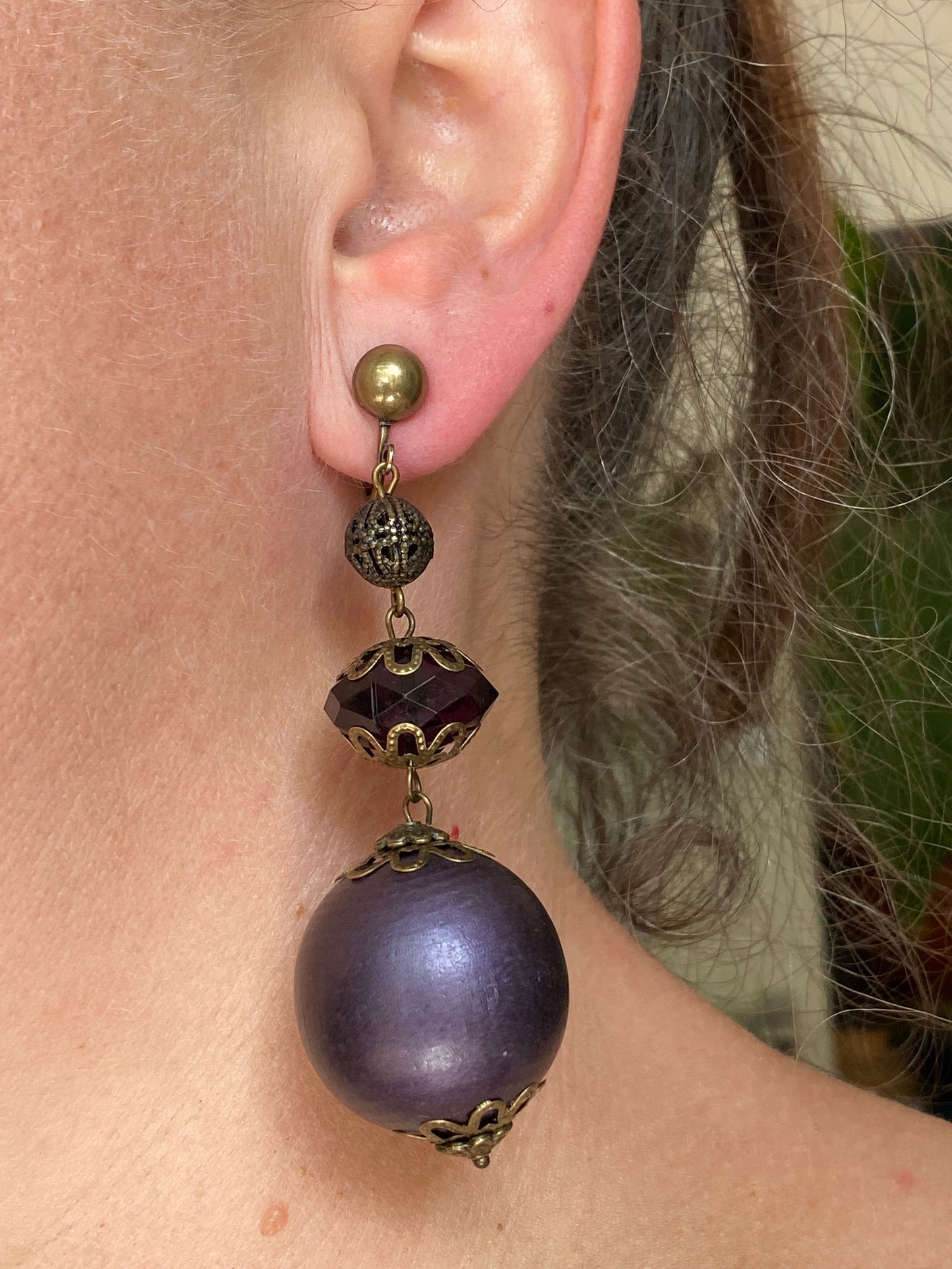 Dangling purple queen sized boho clip on earrings, dangling screwback earrings