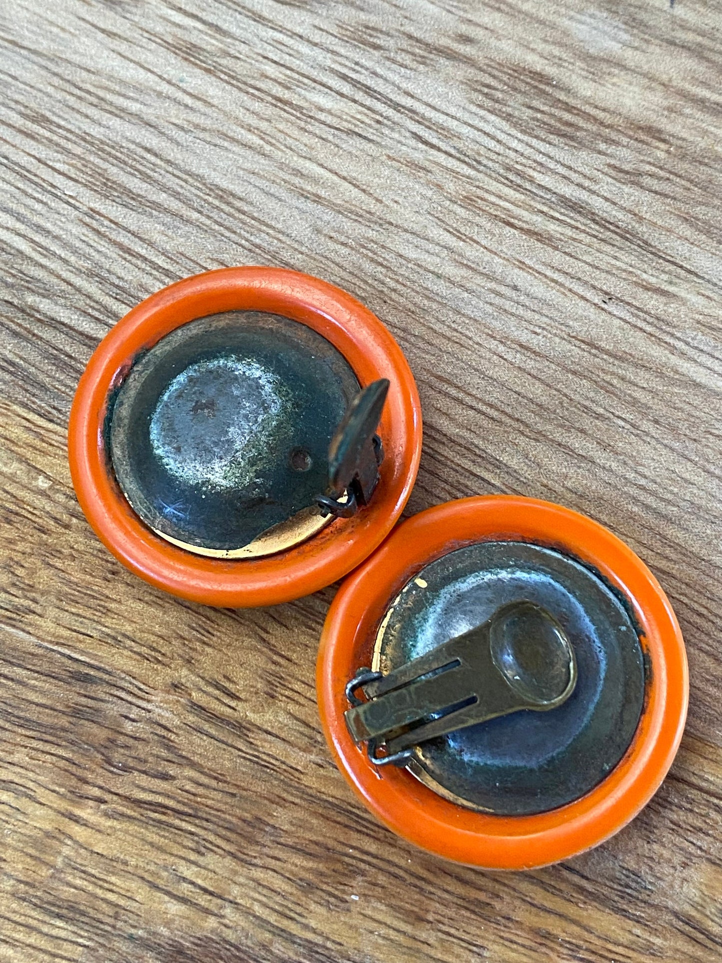 Vintage large orange button clip on earrings