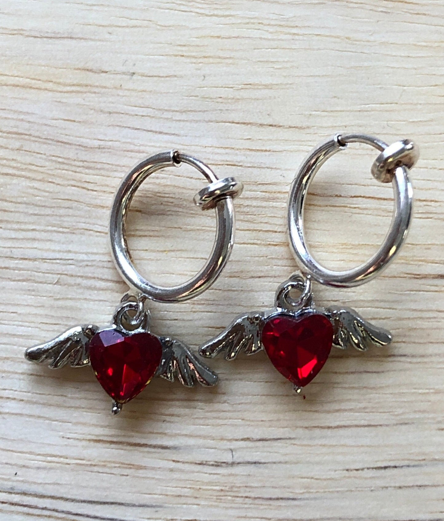 Tiny sparkling clip on winged heart earrings, tiny rhinestone spring hoop earrings, earrings for unpierced ears