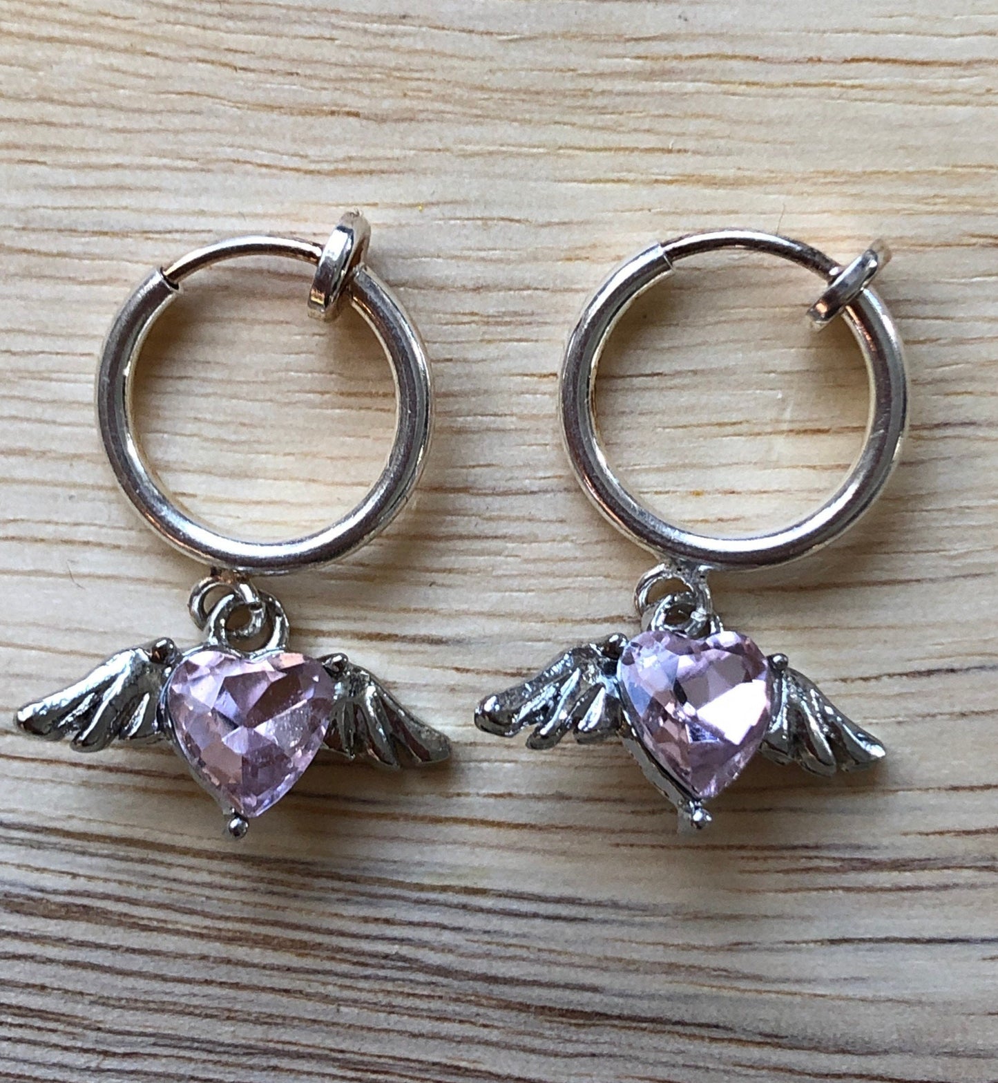 Tiny sparkling clip on winged heart earrings, tiny rhinestone spring hoop earrings, earrings for unpierced ears
