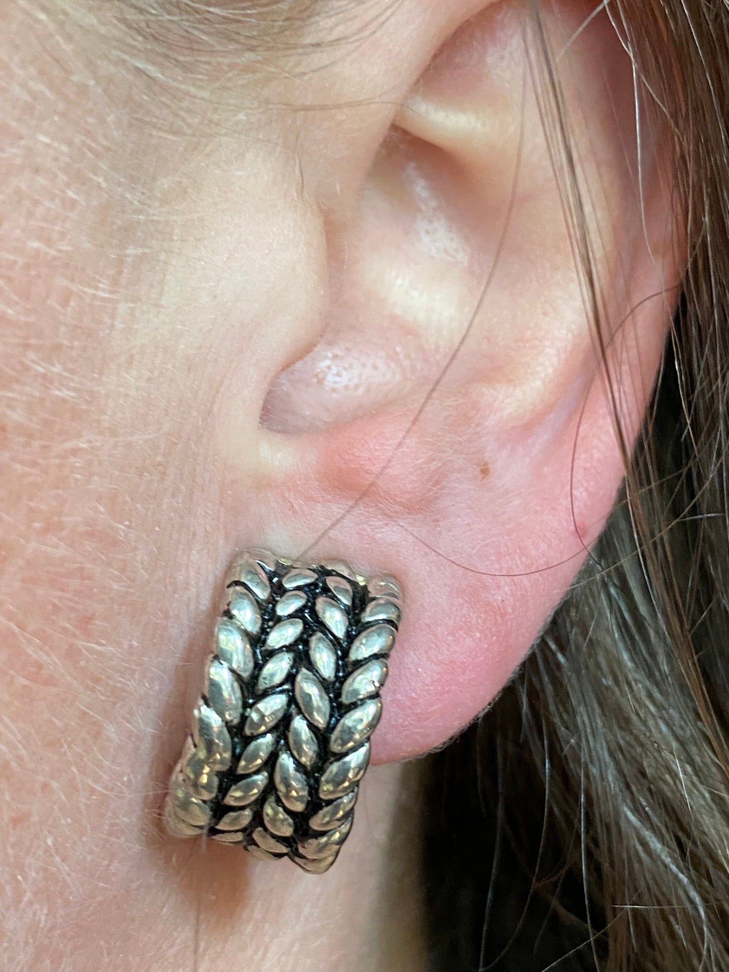 Vintage silver clip on half hoop earrings (large) with woven texture