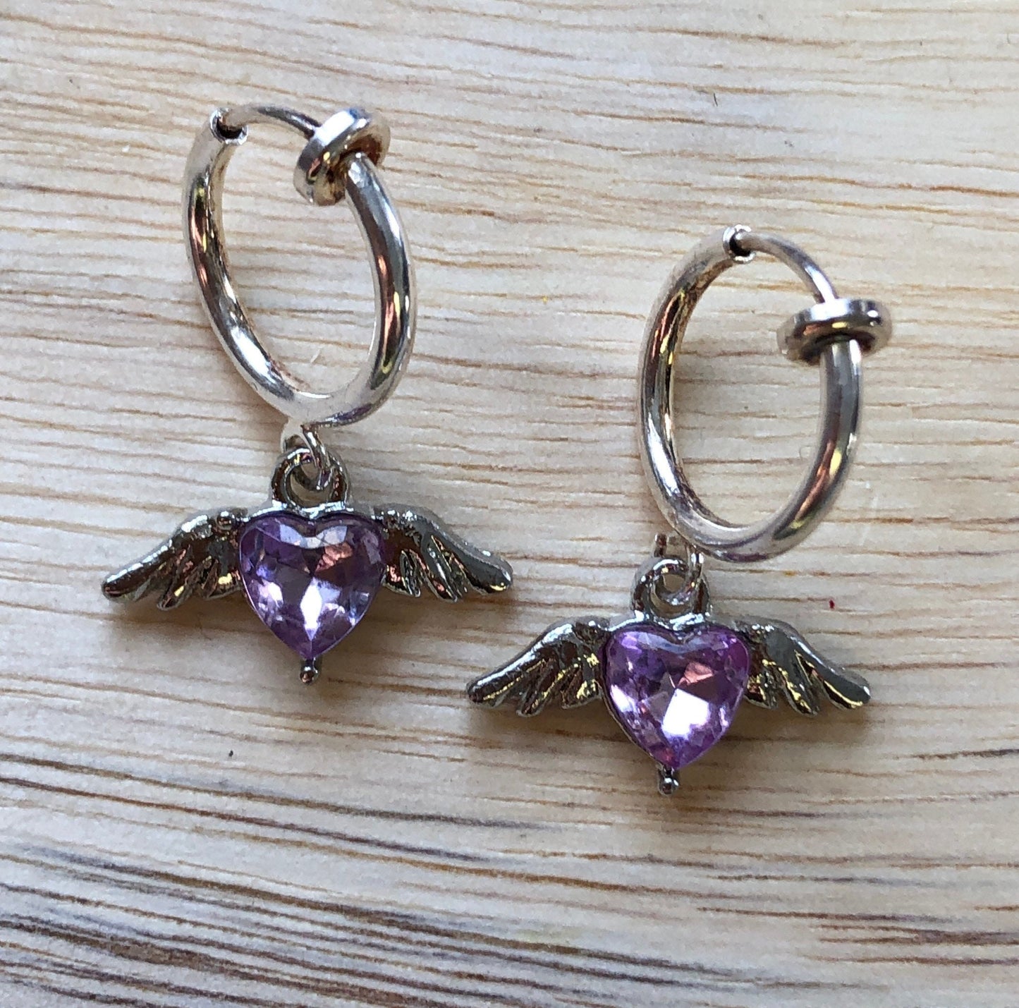 Tiny sparkling clip on winged heart earrings, tiny rhinestone spring hoop earrings, earrings for unpierced ears