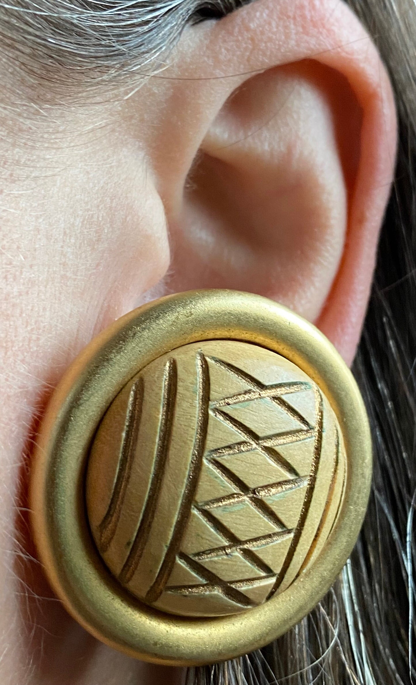 Vintage clip on carved wooden button earrings | large clip on earrings