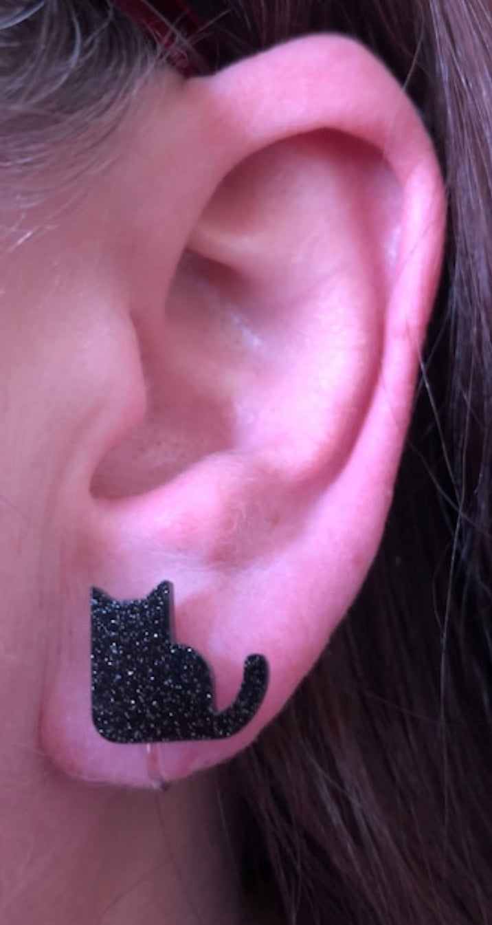 Tiny black cat invisible clip on earrings