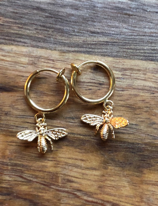 Tiniest golden bumblebee huggie clip on earrings
