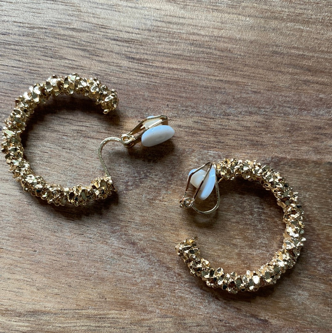 Rough Gold Clip On Hoop Earrings